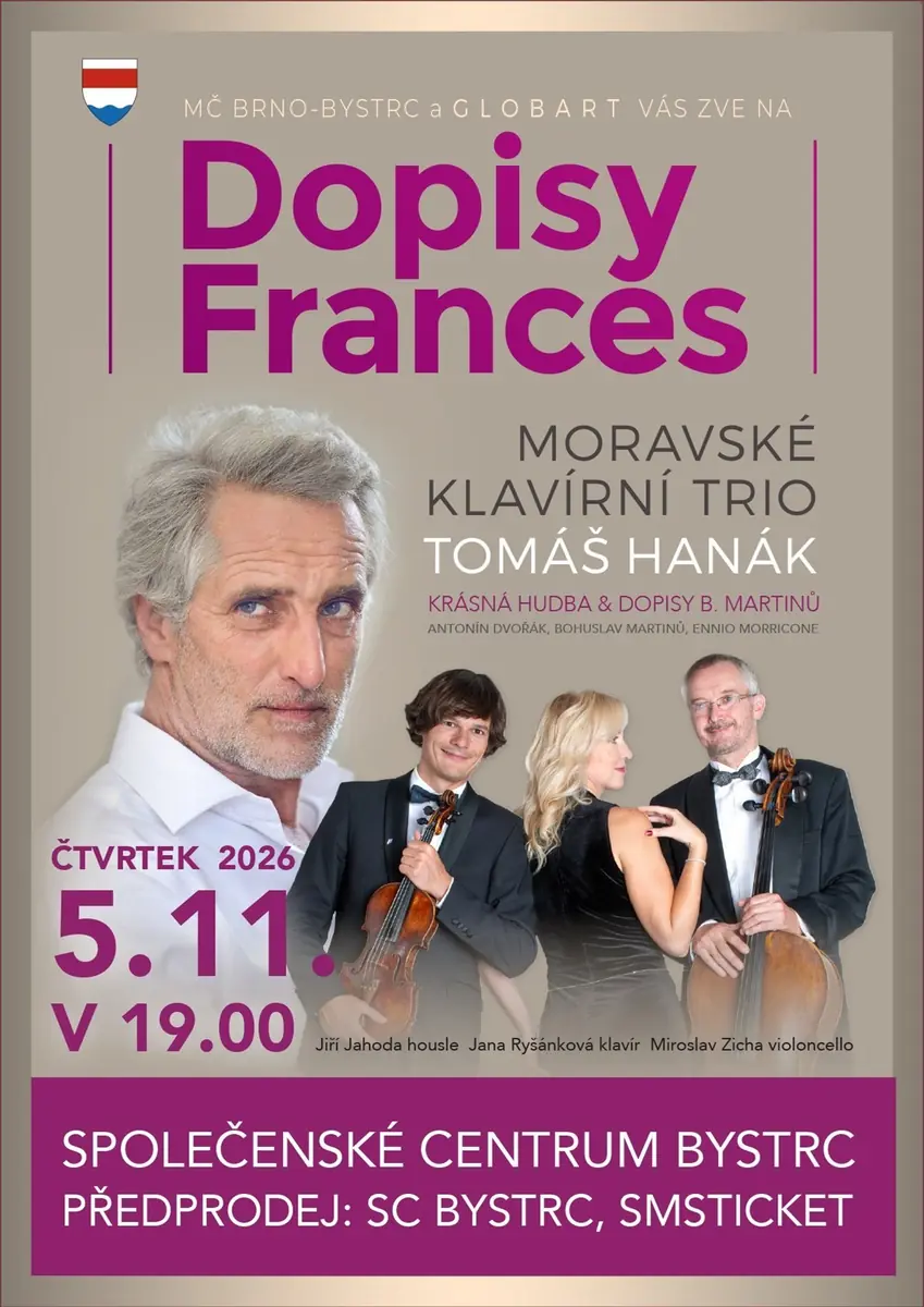 Tomáš Hanák a Moravské klavírní trio – Dopisy Frances — Společenské centrum Bystrc, Brno
