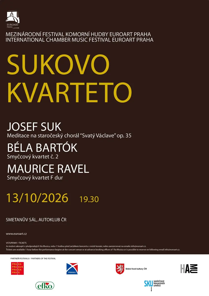 Sukovo kvarteto, Festival EuroArt Praha — Autoklub České republiky, Smetanův sál, Praha