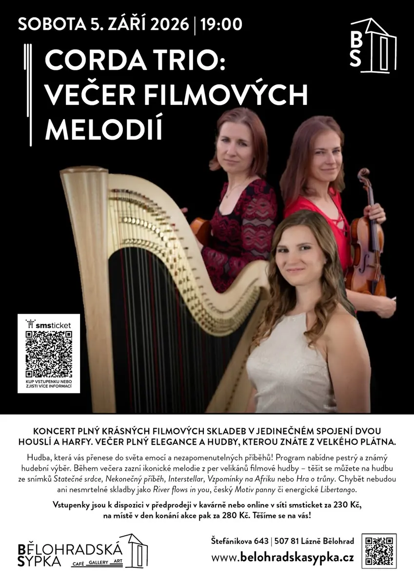 Corda Trio: Večer filmových melodií — Bělohradská sýpka, Lázně Bělohrad