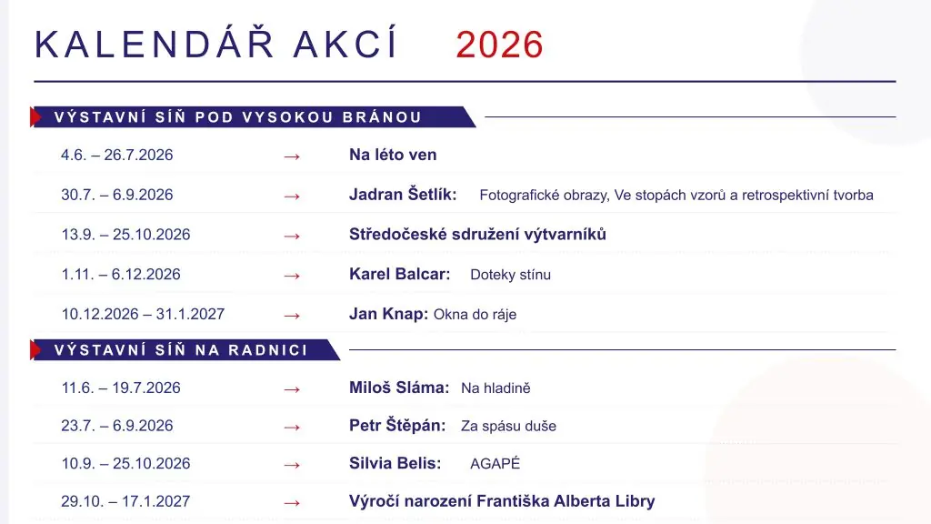 Events Calendar 2026 — Exhibition Hall at Rakovník Town Hall, Rakovník