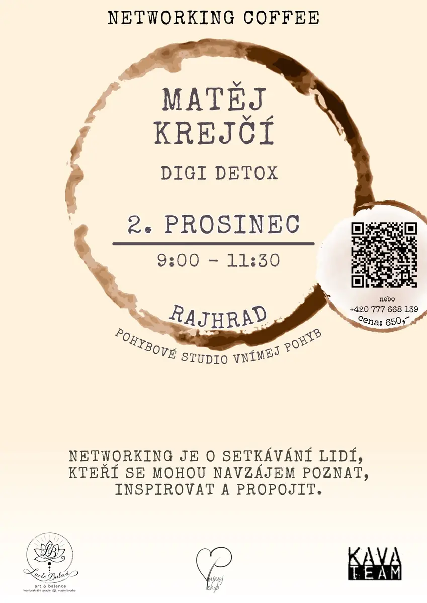 Networking Coffee s Matějem Krejčím — Vnímej pohyb, Rajhrad