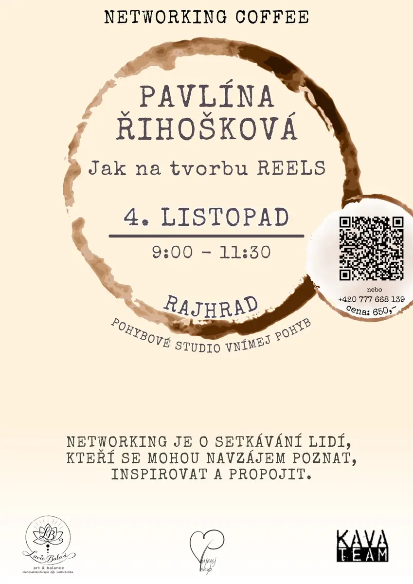 Networking Coffee s Pavlínou Řihoškovou — Vnímej pohyb, Rajhrad