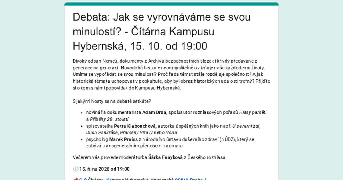 Jak se vyrovnáváme se svou minulostí? | Debata — Post Bellum, z. ú., pobočka Paměť národa Jižní Čechy, České Budějovice 1